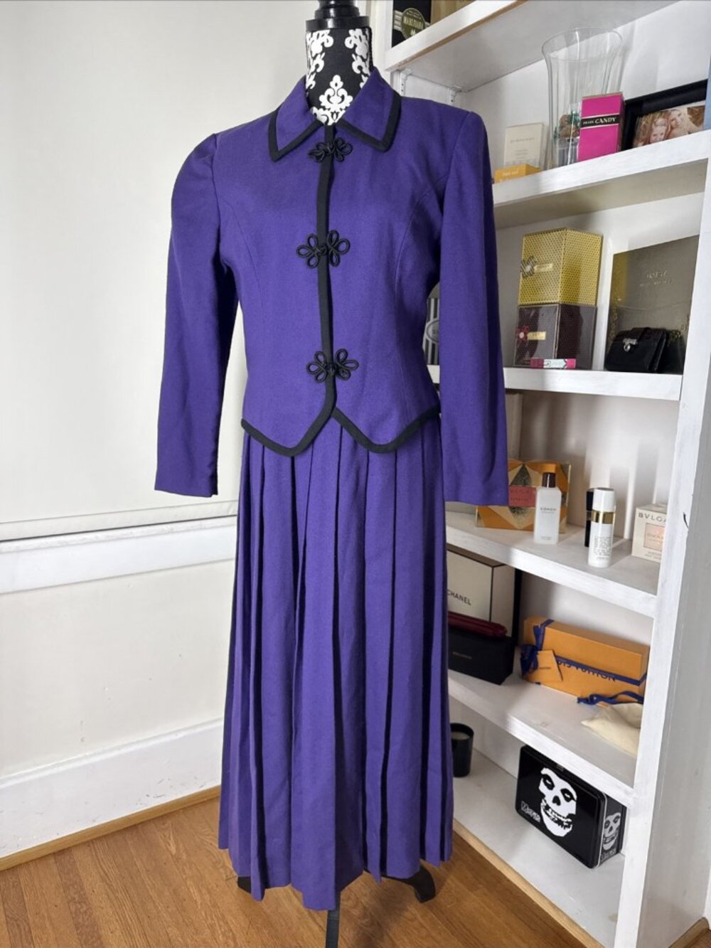 Rare Vintage Talbots Depeche Purple Frog Button black trim dress Mary Poppins 10